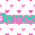 Pixelated icon with pink heart pattern background and green text 'James' on a purple banner.