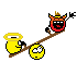 Pixelated animation of yellow and red circular characters on a seesaw, with halo or flame effects changing between frames.