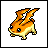 Pixel art animation of a small orange and yellow Digimon character with blue eyes, shown in three frames on a white background with one gray placeholder cell.
