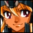 Pixelated anime-style character with orange hair and purple eyes, wearing a dark blue headpiece with light brown accents, against a black background with white text.