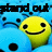 Yellow smiley face with black eyes and mouth, blue background featuring repeated sad faces, text "stand out" in dark gray across top and bottom