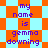 Pixelated text 'my name is gemma downing' on a light blue background with orange diamond shapes, displayed in two variations with different diamond arrangements.