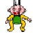 Pixelated character with pink skin, red eyes, and a wide red mouth wearing a green vest over yellow pants, standing against white background.