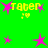 Green background with pink star shapes and yellow text reading 'Taten' surrounded by small heart symbols.