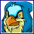 Pixelated cartoon character with blue hair, orange beak, and yellow body holding a white object against a solid blue background.