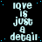A static digital image displays repeated text "love is just a detail" in light blue pixelated font on black background with scattered cyan dots.