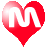 A red heart-shaped icon with a white stylized 'M' inside, next to pixelated gray text fragments on a transparent background.