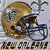 Static pixelated image of a football helmet with blue facemask and chin strap, featuring visible text below the helmet on a gray background.