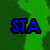 Pixelated blue text 'STA' with black outline on green gradient background.
