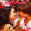 A static image shows two people in a close embrace with text overlays reading "High School" and "Love".