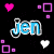Pixelated graphic with two 'Jen' text variants, pink and blue lettering, surrounded by hearts and squares on black background.