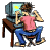 Pixelated figure in pink shirt and blue pants sits at desk with computer, hands raised near face across four