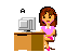 Pixel art of a woman in pink shirt and shoes at desk with computer, showing text changes above her head across frames.