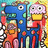 Pixelated cartoon characters with large eyes and colorful patterns on a blue background, alongside red text reading 'live love laugh' with heart symbols.