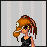 Pixel art character with orange hair and black top, standing against striped background with scattered text letters.
