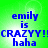 Green background with blue text reading 'emily is CRAZYY!! haha' in four identical arranged in a