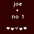 Dark red background with white pixelated text 'joe', '+', and 'no 1' above a of six heart icons where the third icon shifts from gray to white