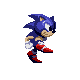 Six pixel-art frames of a blue hedgehog character in motion, wearing red shoes and white gloves against a gray background.