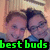 Two pixelated figures with brown hair and blue clothing stand close together against a light background, with green text reading 'best buds' at the bottom.