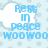 Pixelated blue text reads "Rest In Peace WOOWOO" over a light blue background with faint cloud shapes.