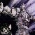 Pixelated grayscale image with abstract shapes and text fragments against a dark background, featuring indistinct light and dark areas.