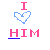 Pixelated 'I HIM' text with heart symbol above, displayed in pink and blue hues across three variations showing color changes.