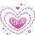 Pixelated heart-shaped icons with 'LOVE' text in pink and cyan hues, arranged in a on gray background