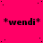 *wendi* text repeated across a bright pink background with scattered black dots; one frame shows *wendi* with an additional colon after the asterisk.