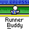Animated contact sheet of a pixel art running stick figure icon with repeated text and website URLs across multiple frames.