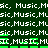 Green background with repeated white text 'Music' and green horizontal bars, some letters partially obscured by pixelated blocks.