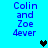 Blue background with repeated text "Colin and Zoe 4ever" in blue pixelated font, two black heart icons on left side, one teal heart icon on right side.