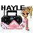 Pixelated icon shows 'HAYLE' text above a black vehicle with pink smoke, next to a blonde woman in a pink dress.
