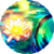 A circular pixelated icon with a gradient of yellow, green, blue, and brown hues forming an abstract pattern against a gray background.