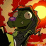 Animated green alien with purple eyes and orange head crest against red-orange sky background, displaying sequential facial expressions.