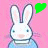 Six white rabbits with blue shirts and pink backgrounds, each holding a colored heart or text.
