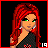 A 4x3 contact sheet of a pixel art animated icon featuring a red-haired female character with green eyes, black and pink clothing, and various text animations on a black background.