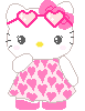 Pixel art Hello Kitty avatar in pink heart dress with heart-shaped glasses and bow, two expressions shown side-by-side.