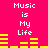 Pixelated text "Music is My Life" appears twice on a bright pink background with yellow audio equalizer bars shifting between frames.