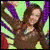 Animated icon featuring a woman with long brown hair in a brown top against purple and green striped background, transitioning to text elements.