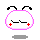 Four pixelated icons of a white rounded character with pink outline, black antennae, closed eyes, and red plus signs on cheeks