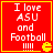 Red square icon with yellow border displaying white text "I love ASU and Football !!!!" and a yellow Pac-Man symbol in bottom-right corner.