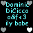 Pixelated cyan text on black background with heart symbols, displaying 'Dominic DiCicco o&f<3 ily babe' in two