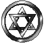 Six circular metallic icons with silver rings display sequential geometric transformations of a star-like symbol on gray background.