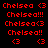 Red pixelated text and symbols on black background, repeating "Chelsea" with variations and heart-eyes emoticons in a