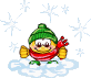 A cartoon character in a green knit hat and red scarf stands on a cloud with snowflakes, performing various actions including raising arms, holding hands together, and blowing snow.