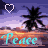 Animated icon with palm tree silhouettes against a sunset sky, displaying the word 'Peace' in cyan text and changing heart symbols above.