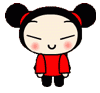 A 4x4 contact sheet of a cartoon character in red clothing with black hair buns, showing sequential animation frames from standing to arm-swinging poses against a gray background.