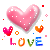 Pixelated pink heart with white dots, smaller hearts and 'LOVE' text below on gray background.