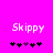 Pixelated text 'Skippy' in white on bright pink background with five black and purple symbols below, two versions showing symbol position changes.