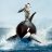 A pixelated orca breaches the water with its mouth open, displaying black and white coloration against a light blue background.